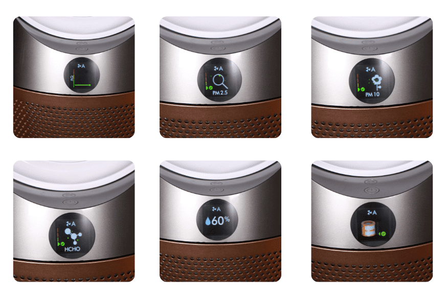 Die unterschiedlichen Anzeigevarianten auf dem Display vom Dyson Purifier Humidify+Cool Formaldehyde PH04 Luftreiniger